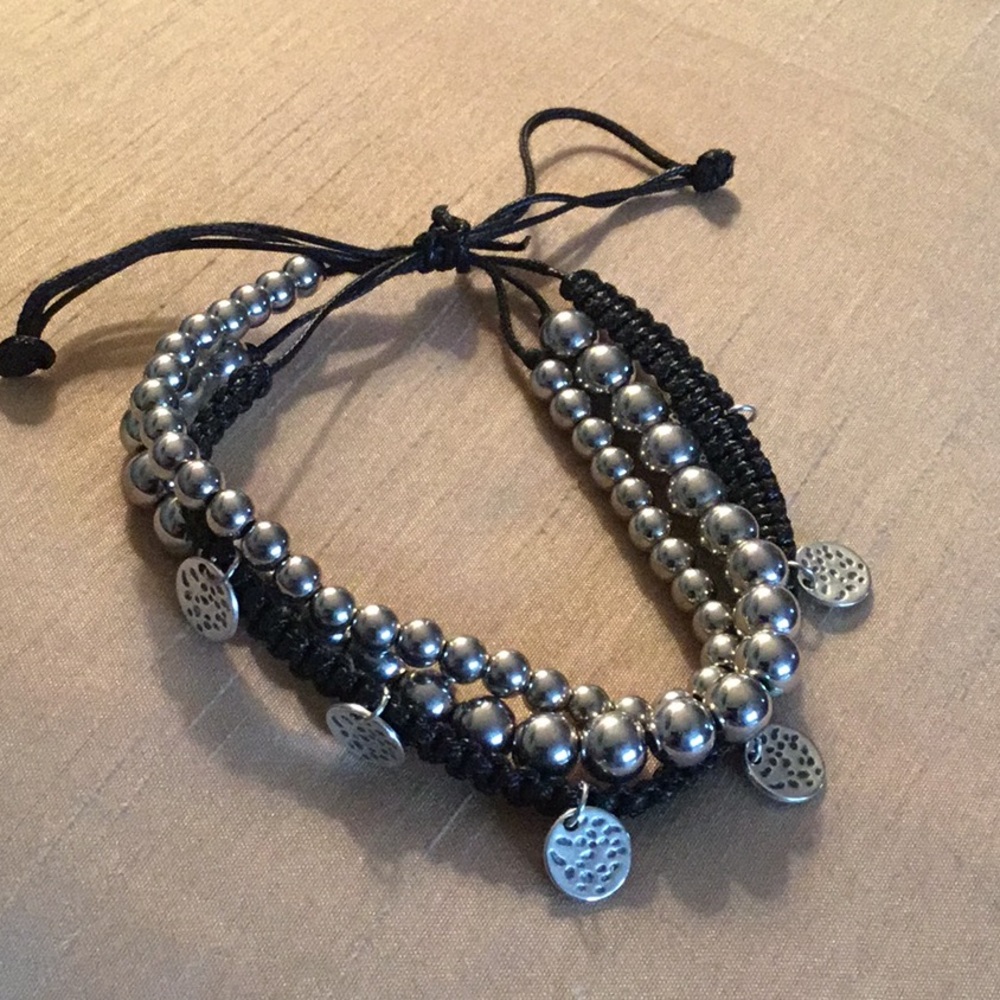 3 LAYER SILVER and BLACK PULLSTRING BRACELET